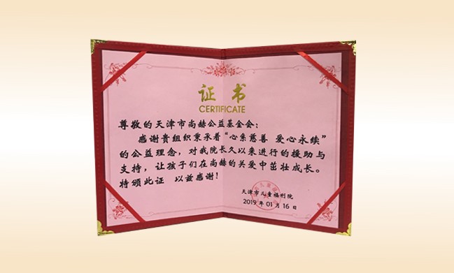 2019年1月-佳博官方网站公益基金会荣获-天津市儿童福利院颁发的荣誉证书